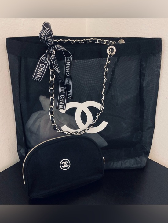 CHANEL Handbags - CHANEL Black Mesh Tote with White Logo and Matching Black Pouch